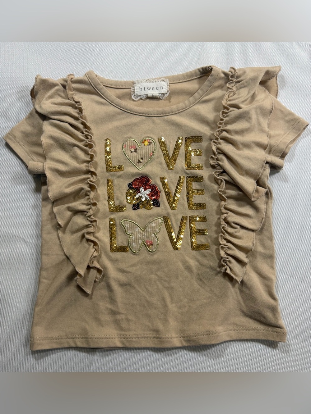 Btween Girls Size 5 Beige LOVE Sequin Ruffle Sleeve Top Fall